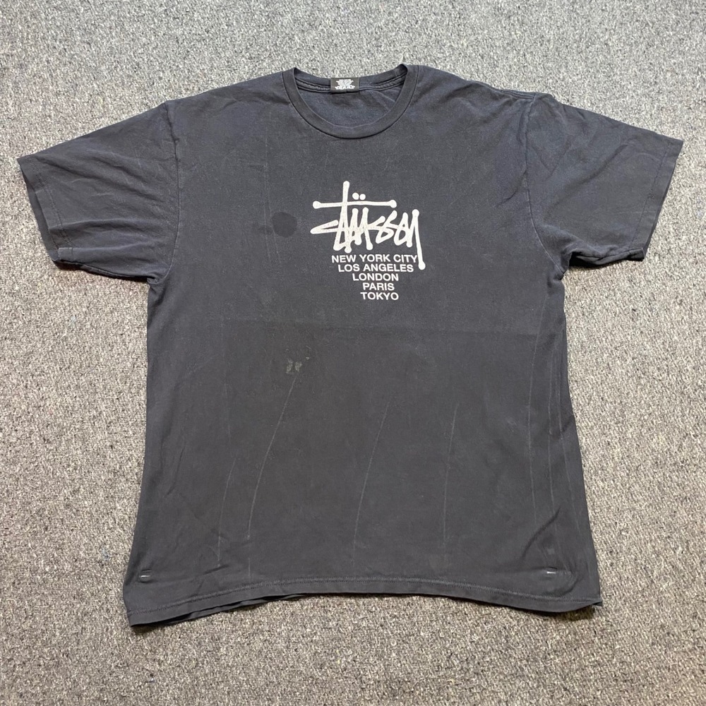 Stussy World Tour TShirt Sz L Mens Black Skater Streetwear Graphic Logo